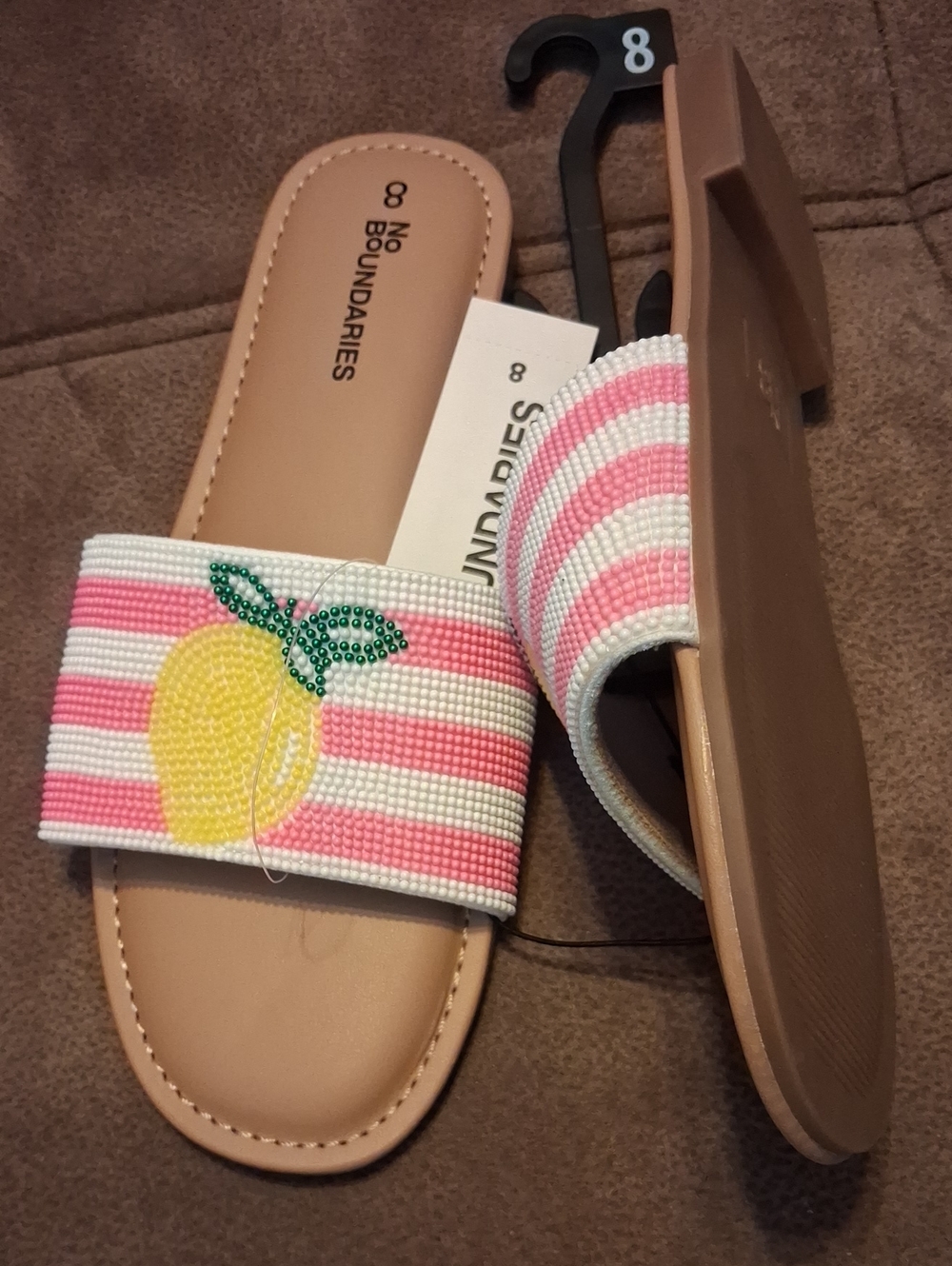 No Boundaries Pink & White Striped Lemon Beaded Slide Sandals Size 8